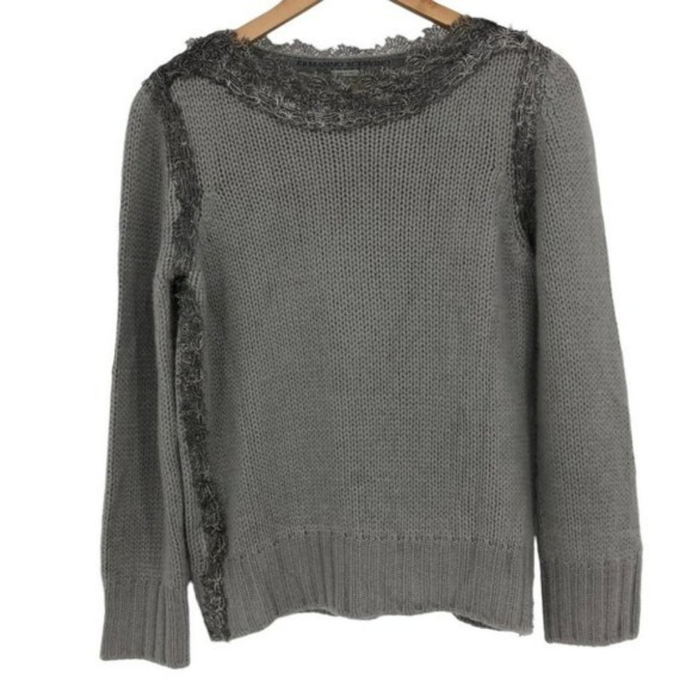 Ermanno Scervino grey 100% Cashmere knit sweater lace trimmed hems LG